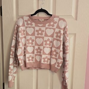 debut Pink and White Floral & Heart Crewneck Sweater